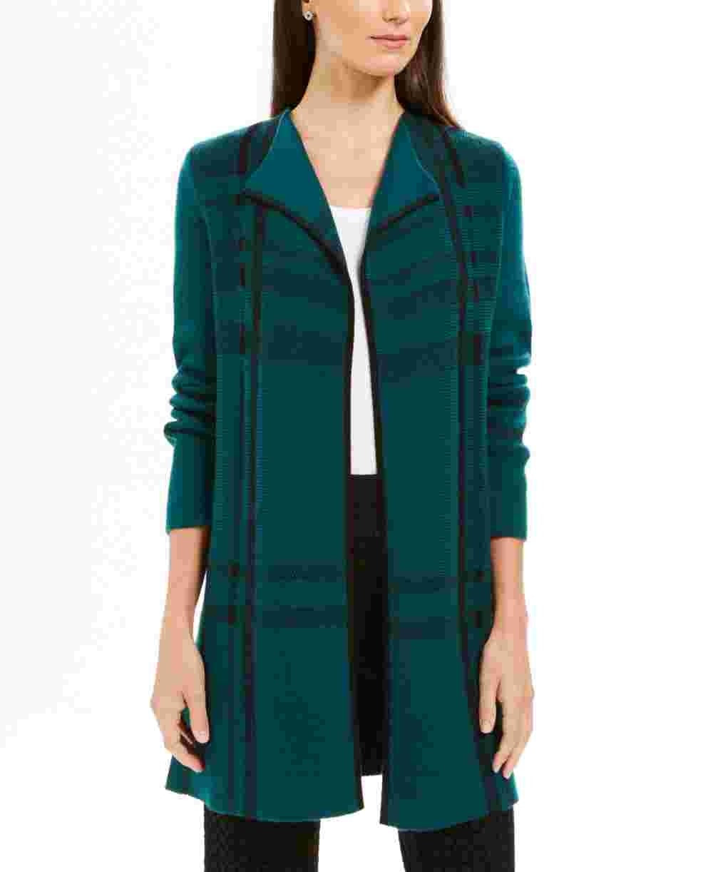 Cardigan feminino xadrez com abertura frontal, verde escuro, tamanho pequeno, Charter Club