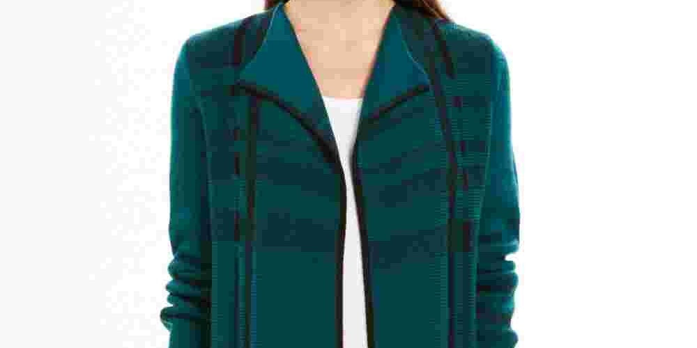 Cardigan feminino xadrez com abertura frontal, verde escuro, tamanho pequeno, Charter Club