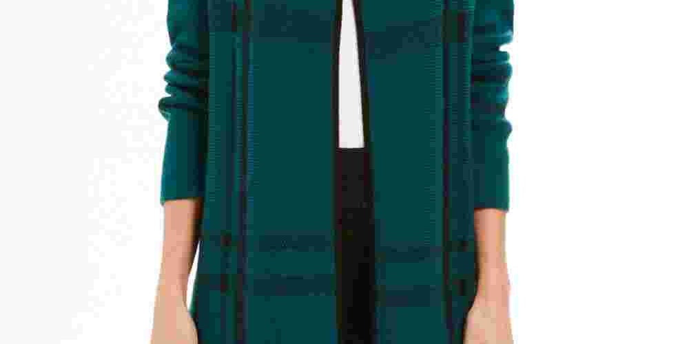 Cardigan feminino xadrez com abertura frontal, verde escuro, tamanho pequeno, Charter Club