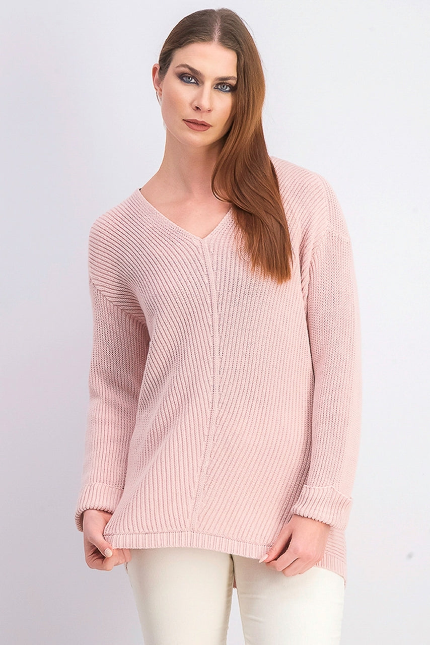 Suéter feminino de algodão texturizado com decote em V, tamanho médio, rosa, Charter Club