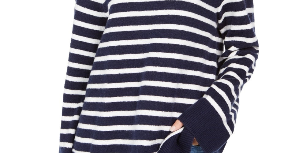 Suéter feminino listrado com gola alta Charter Club, azul, tamanho grande