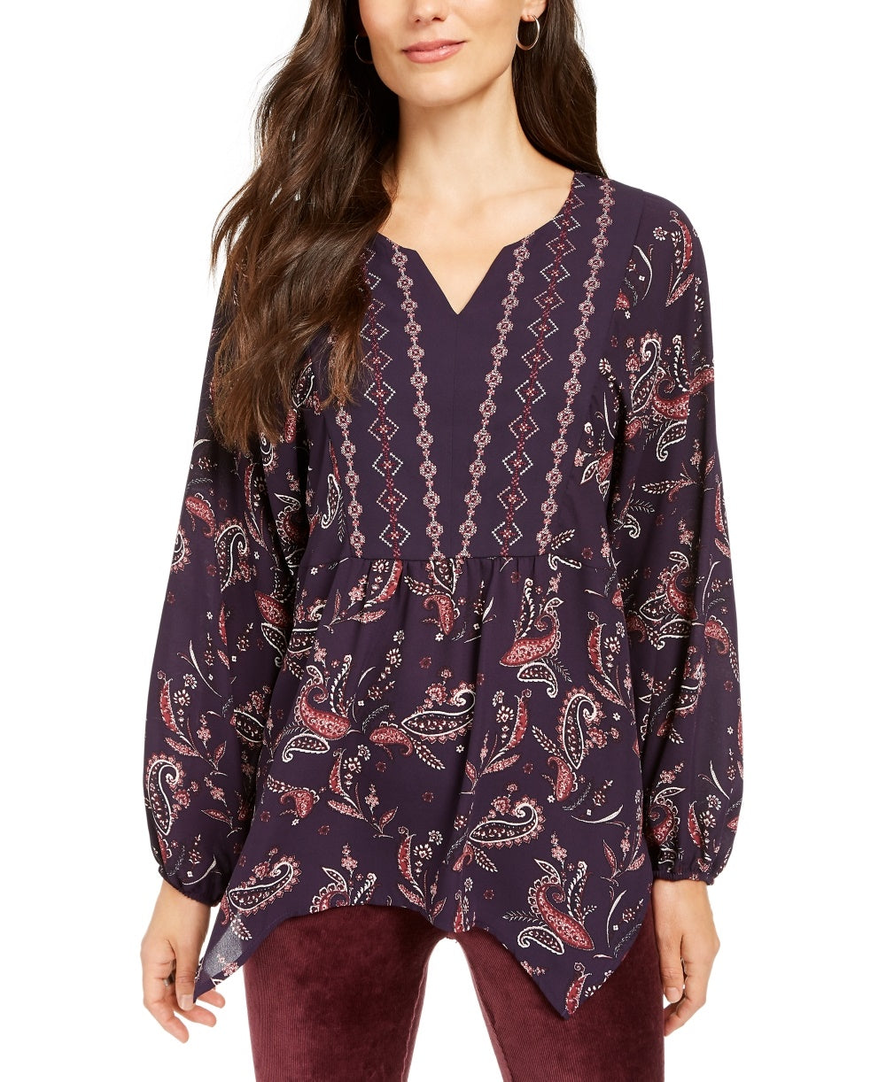 Top feminino estilo camponês com bainha de lenço estampado, roxo, tamanho médio