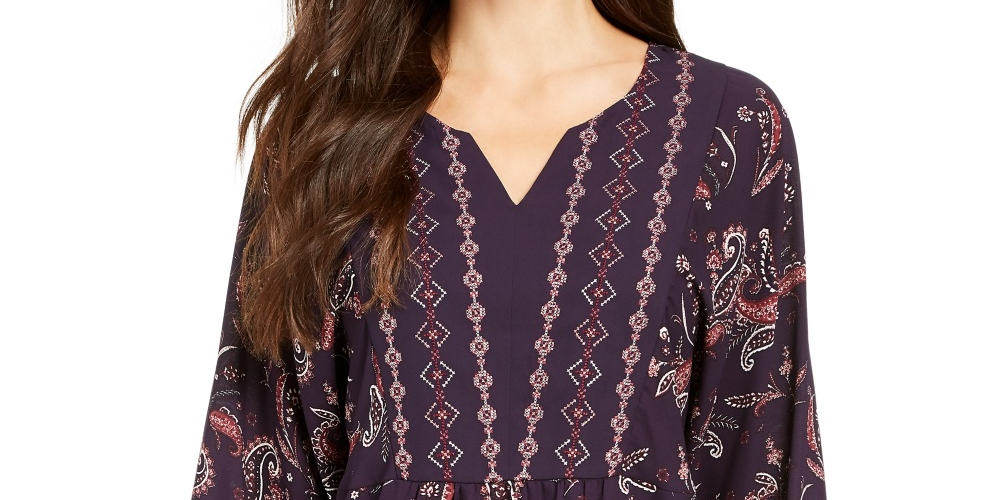 Top feminino estilo camponês com bainha de lenço estampado, roxo, tamanho médio