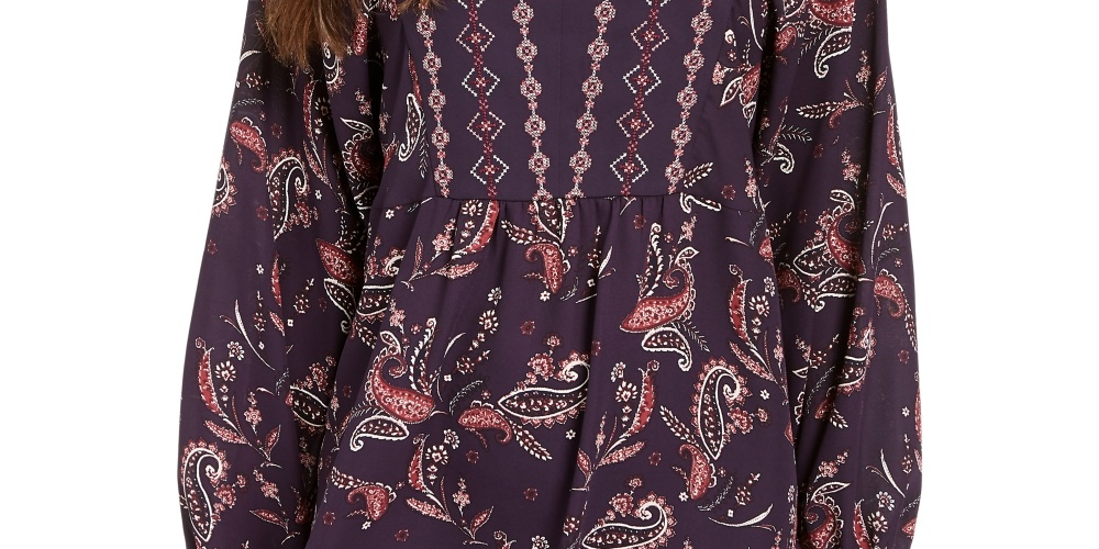 Top feminino estilo camponês com bainha de lenço estampado, roxo, tamanho médio