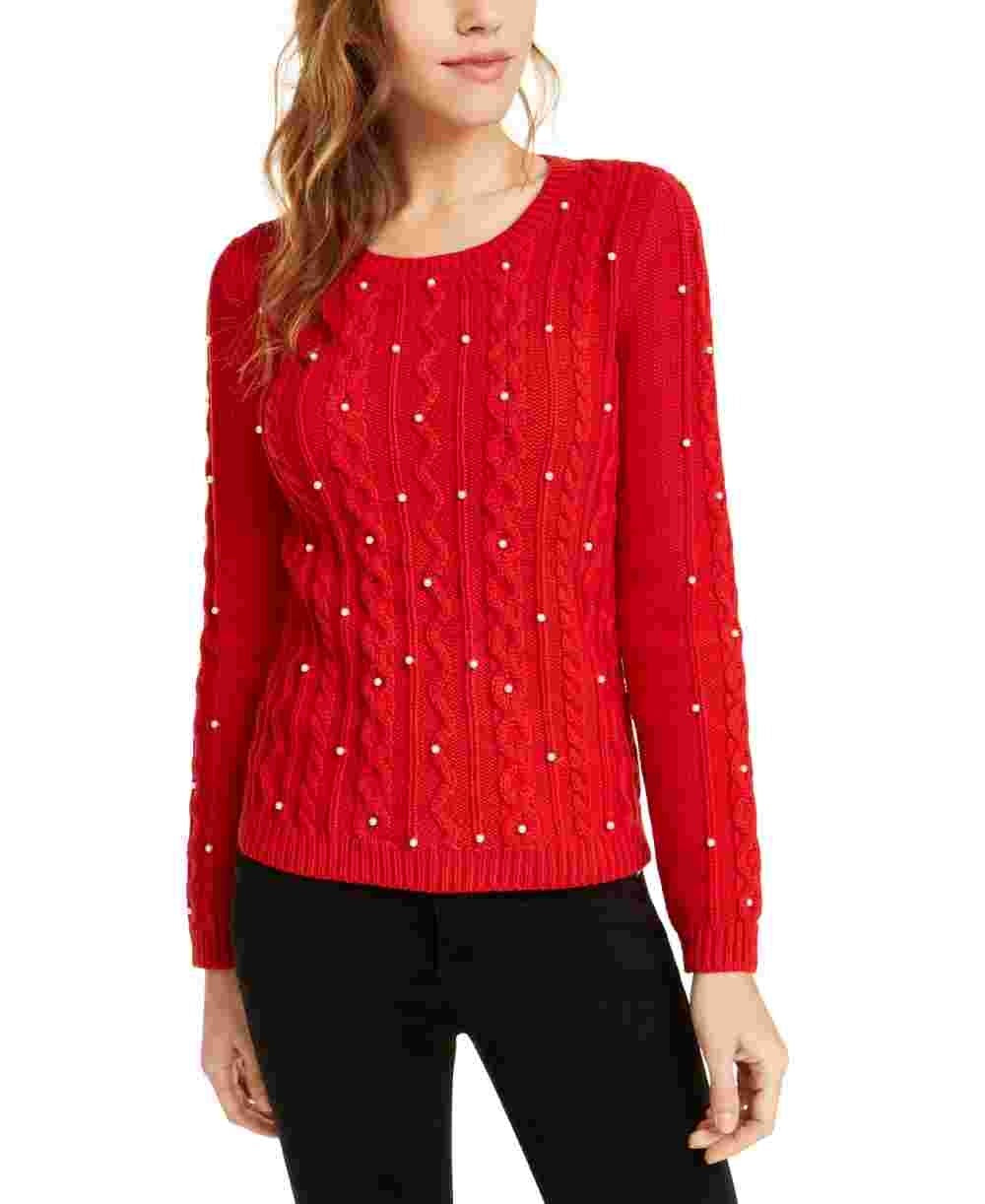 Suéter feminino de tricô com imitação de pérolas Maison Jules, vermelho, tamanho extragrande