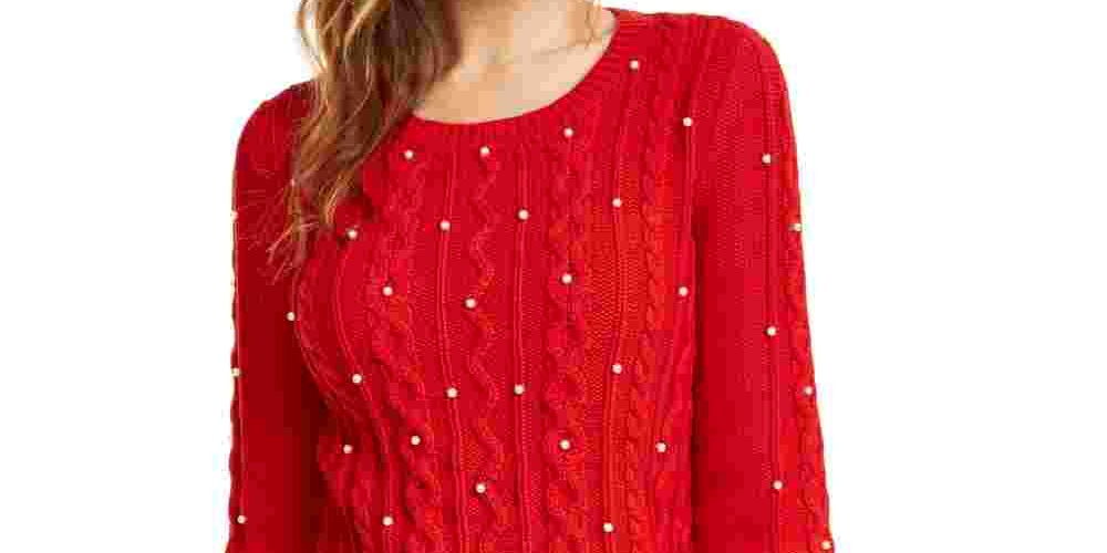 Suéter feminino de tricô com imitação de pérolas Maison Jules, vermelho, tamanho extragrande