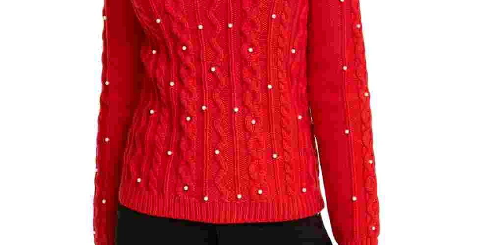 Suéter feminino de tricô com imitação de pérolas Maison Jules, vermelho, tamanho extragrande