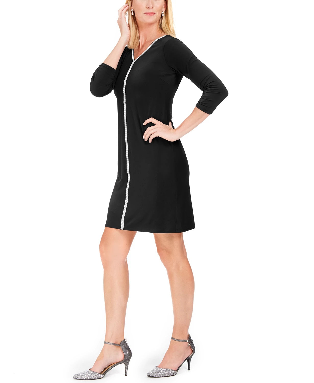 Vestido tubinho com decote em V e decote em V feminino JM Collection, preto, tamanho P