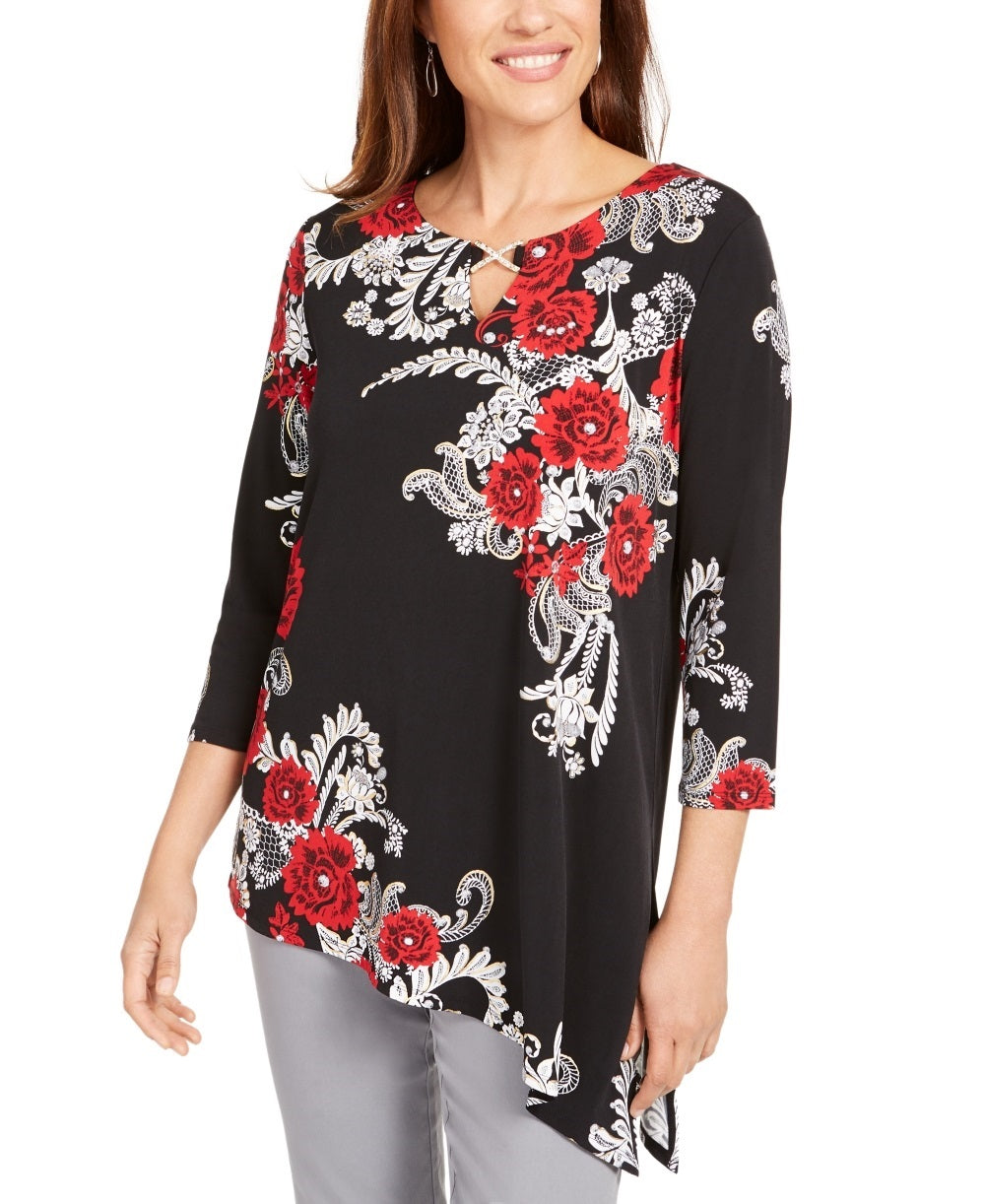 Túnica feminina assimétrica com detalhes JM Collection, preta, tamanho pequeno