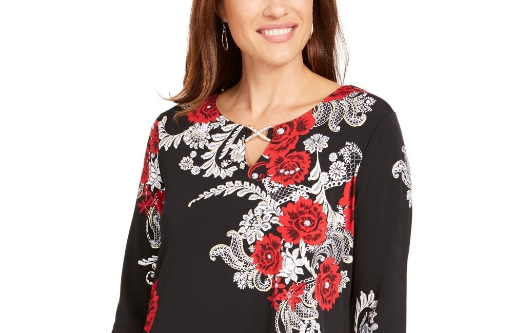 Túnica feminina assimétrica com detalhes JM Collection, preta, tamanho pequeno