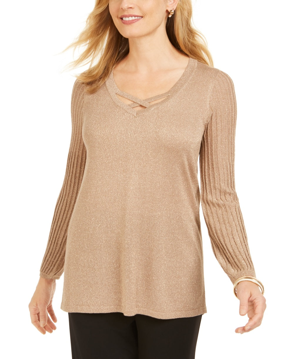 Blusa feminina JM Collection com gola em lurex e decote em treliça, tamanho extragrande, dourada