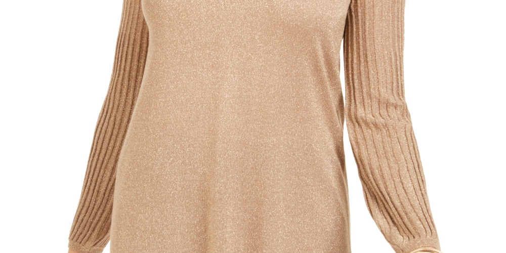 Blusa feminina JM Collection com gola em lurex e decote em treliça, tamanho extragrande, dourada