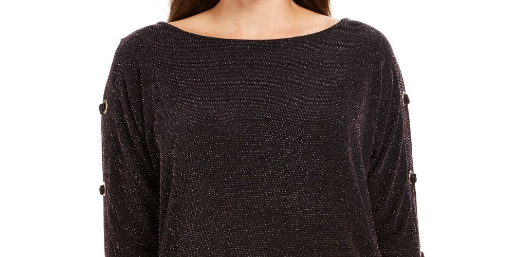 JM Collection Top Feminino Metálico com Manga Dividida e Fio Preto Tamanho P