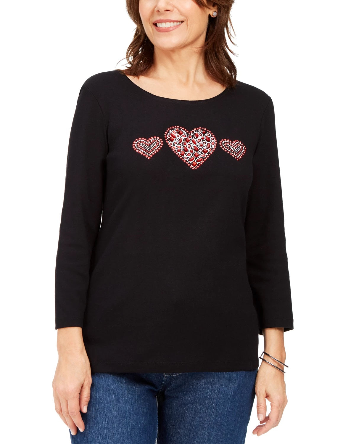 Karen Scott Top Feminino de Algodão com Strass e Coração Preto Tamanho X-S