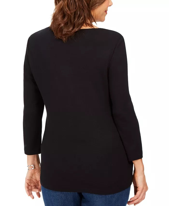 Karen Scott Top Feminino de Algodão com Strass e Coração Preto Tamanho X-S