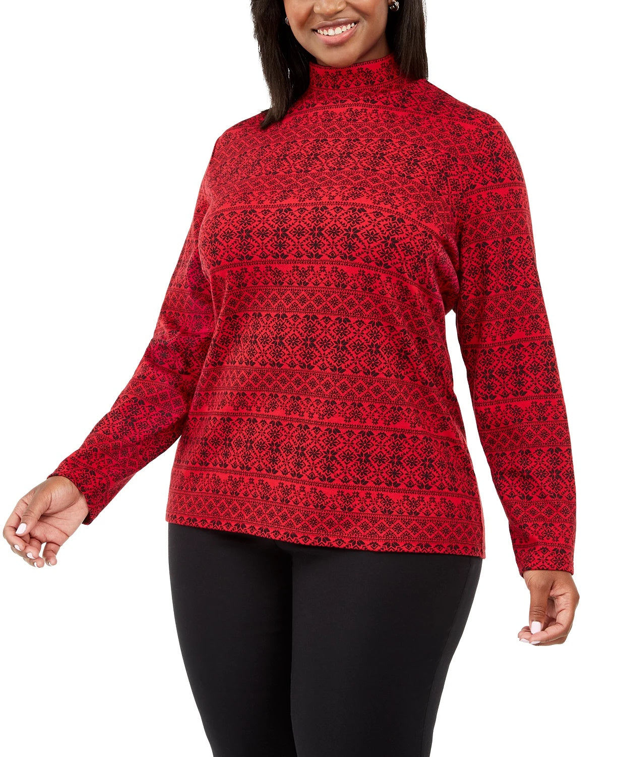 Karen Scott Plus Size Fair Isle Estampado Mock-neck Top Feminino Vermelho Brilhante Tamanho 2X