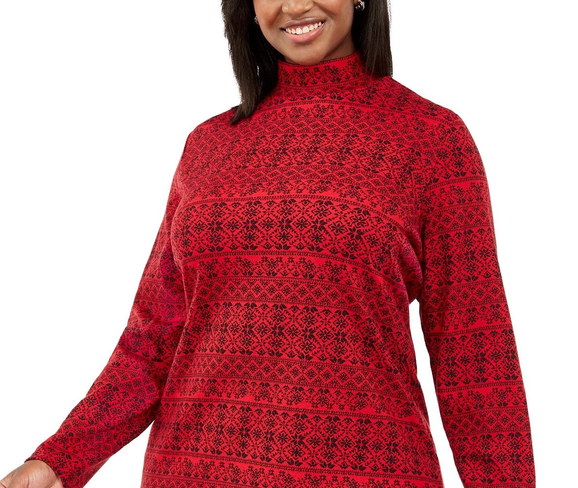 Karen Scott Plus Size Fair Isle Estampado Mock-neck Top Feminino Vermelho Brilhante Tamanho 2X