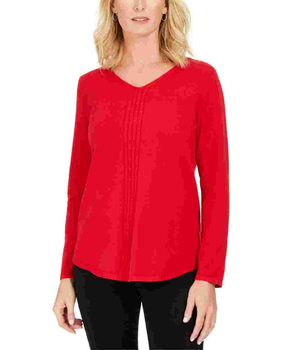 Karen Scott Suéter Feminino de Tricô de Algodão com Cabo Vermelho Tamanho XS