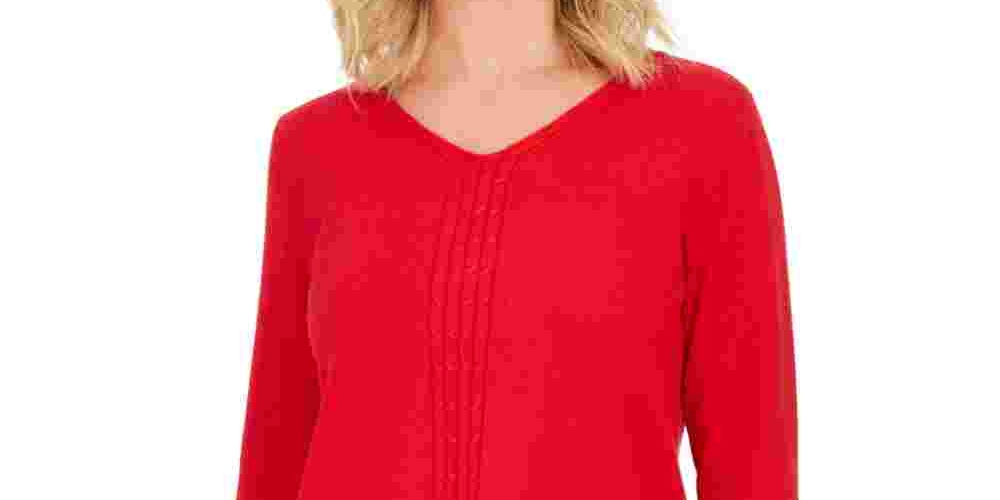 Karen Scott Suéter Feminino de Tricô de Algodão com Cabo Vermelho Tamanho XS
