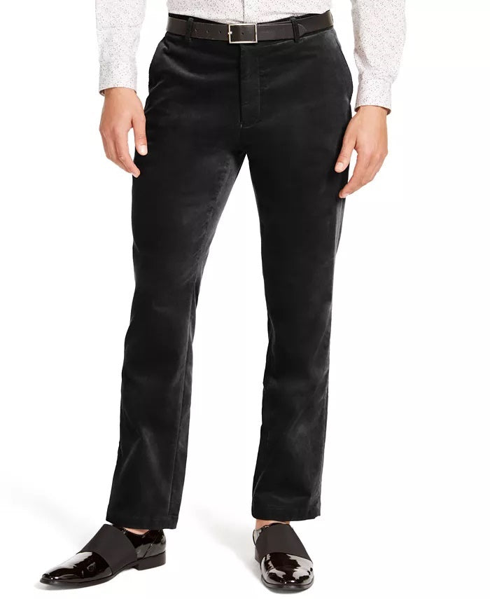 Calça de veludo slim fit grande e alta masculina da INC International Concepts, preta, tamanho 46