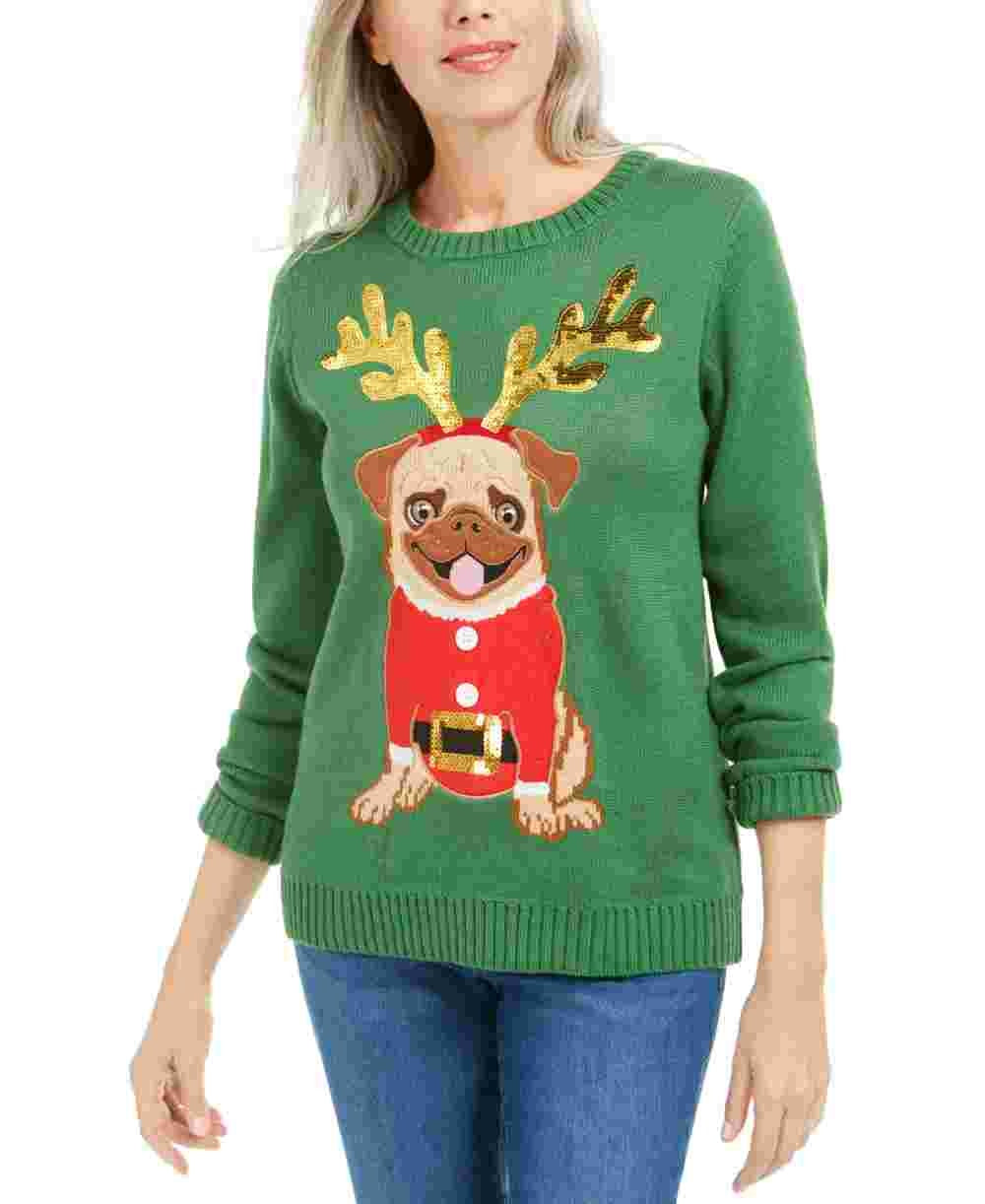 Karen Scott Suéter Pug Feminino com Lantejoulas para Festas Verde Tamanho Médio
