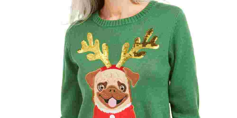 Karen Scott Suéter Pug Feminino com Lantejoulas para Festas Verde Tamanho Médio