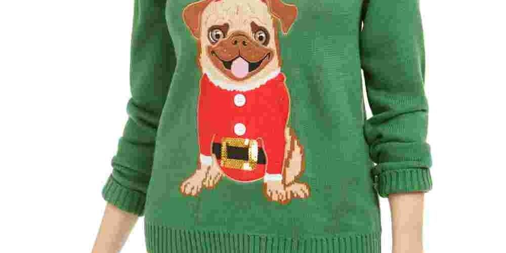 Karen Scott Suéter Pug Feminino com Lantejoulas para Festas Verde Tamanho Médio