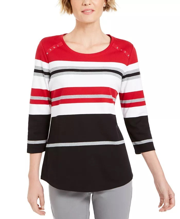 Karen Scott Sport Top Feminino Listrado Manga 3/4 Vermelho Tamanho P