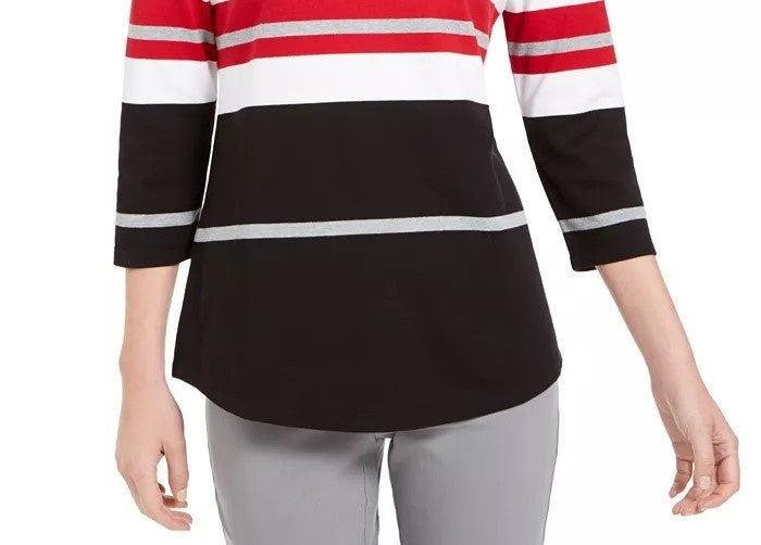 Karen Scott Sport Top Feminino Listrado Manga 3/4 Vermelho Tamanho P