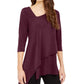Blusa feminina Alfani com bainha assimétrica e manga 3/4, tamanho grande, vinho