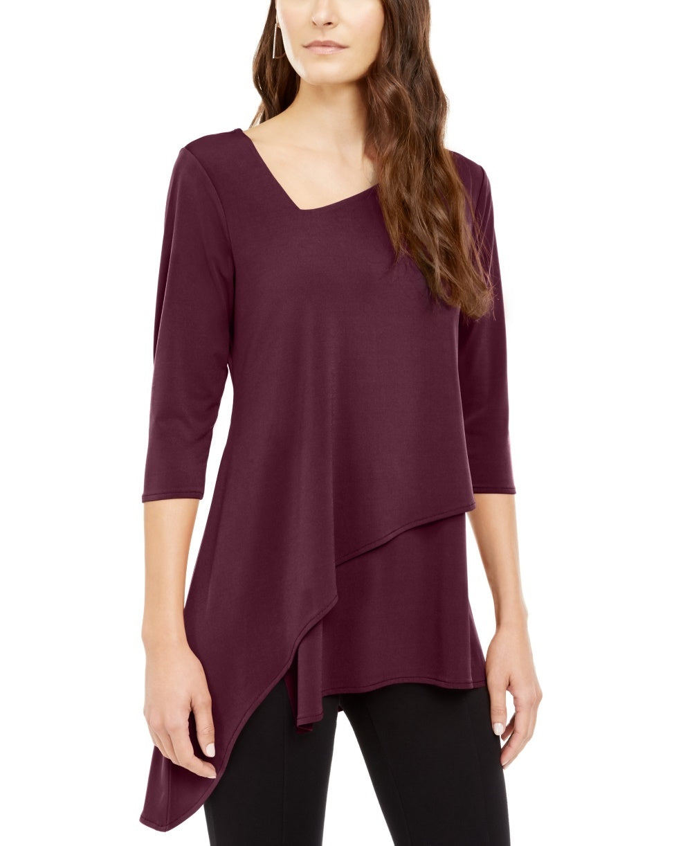 Blusa feminina Alfani com bainha assimétrica e manga 3/4, tamanho grande, vinho