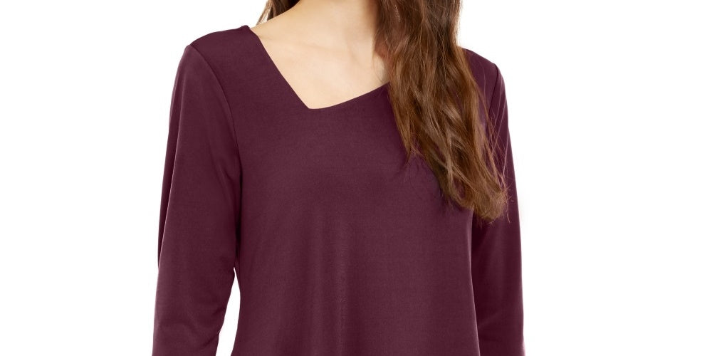 Blusa feminina Alfani com bainha assimétrica e manga 3/4, tamanho grande, vinho