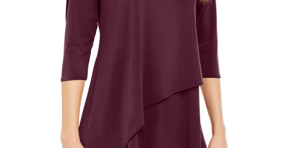 Blusa feminina Alfani com bainha assimétrica e manga 3/4, tamanho grande, vinho