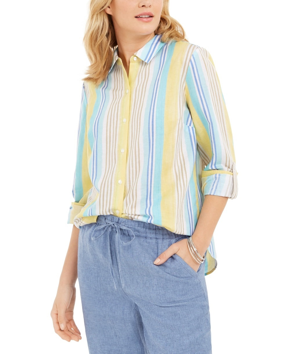 Camisa listrada de linho e praia feminina Charter Club, branca, tamanho médio