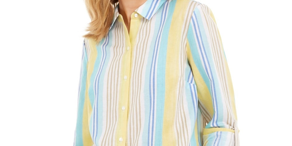 Camisa listrada de linho e praia feminina Charter Club, branca, tamanho médio