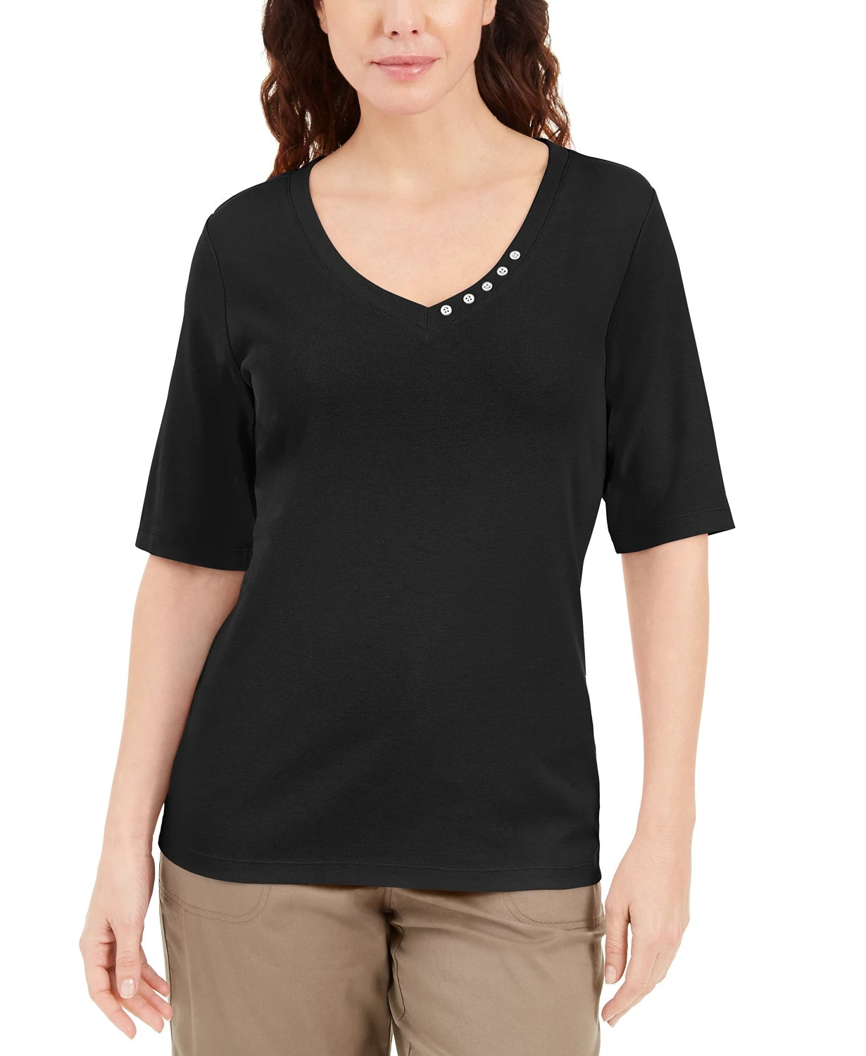 Blusa feminina Karen Scott com decote em V e detalhes em botões, azul, tamanho extragrande
