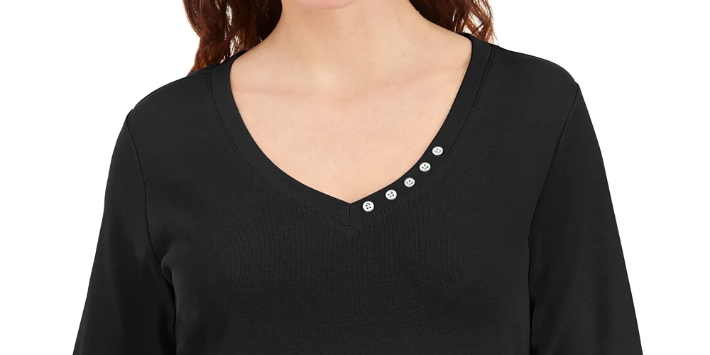 Blusa feminina Karen Scott com decote em V e detalhes em botões, azul, tamanho extragrande