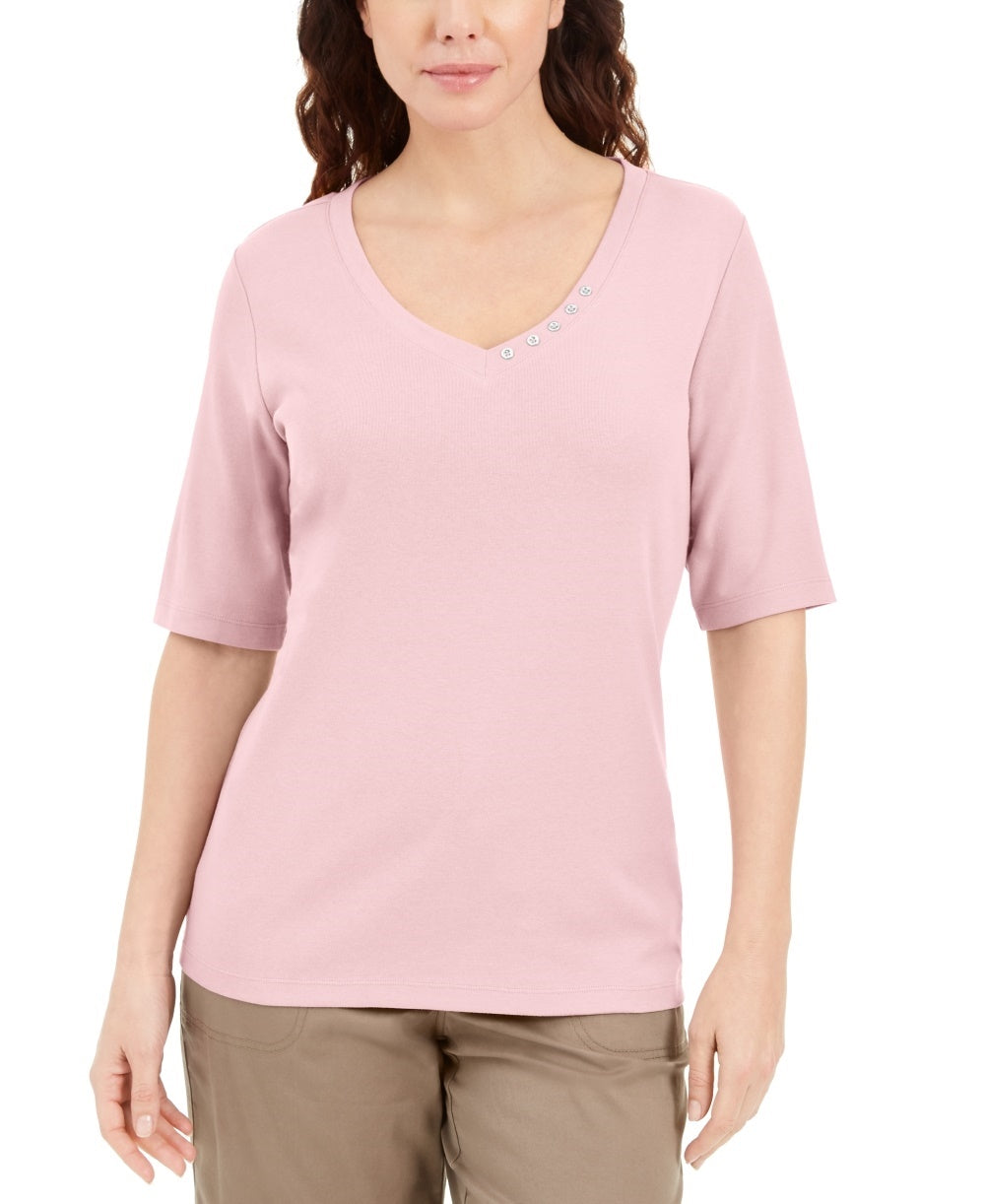 Blusa feminina Karen Scott com decote em V e detalhes em botões, rosa, tamanho grande