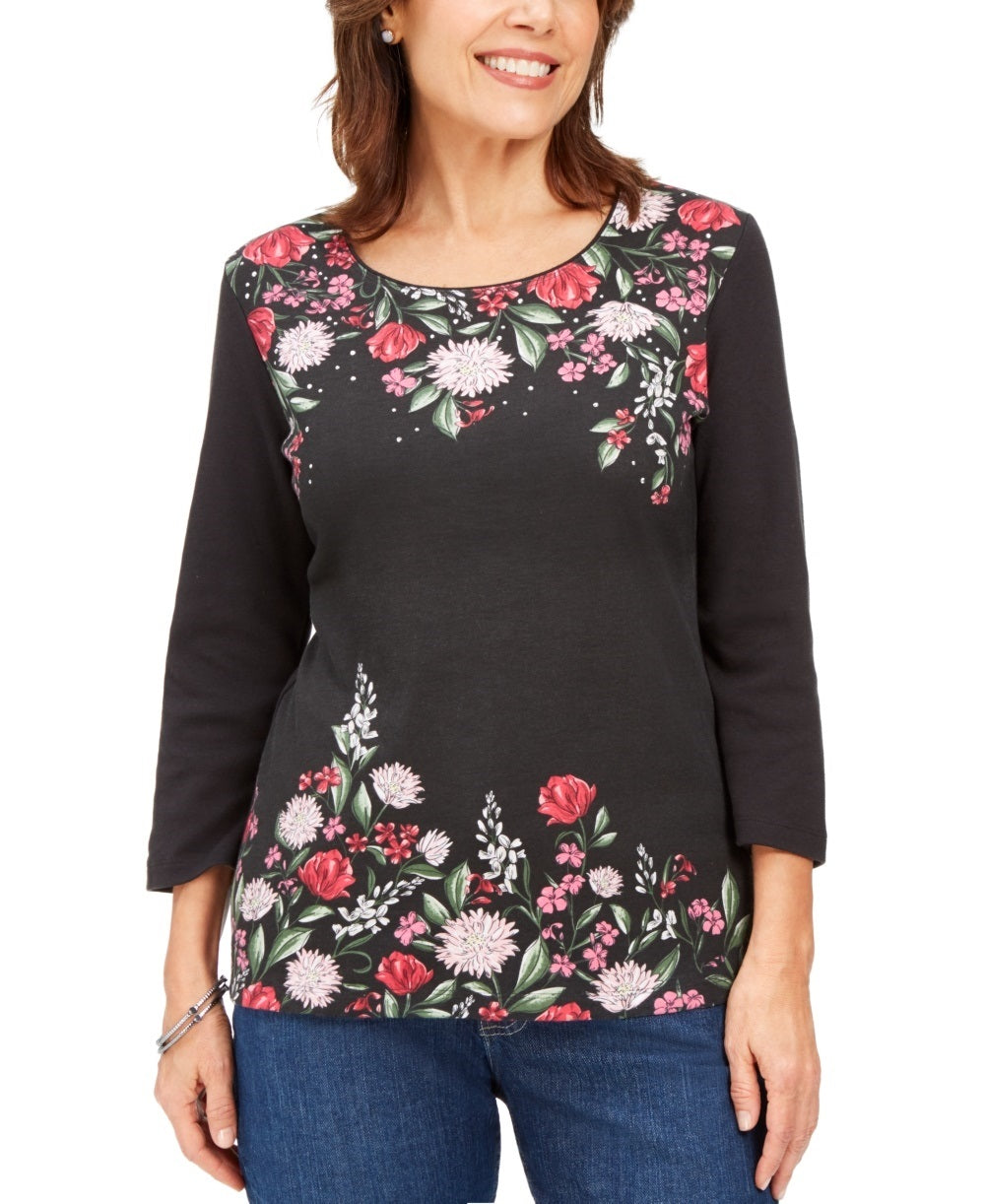 Karen Scott Blusa Roxanne Floral com Strass Feminina Preta Tamanho P