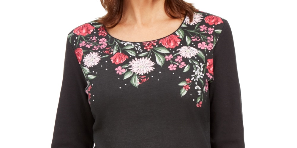 Karen Scott Blusa Roxanne Floral com Strass Feminina Preta Tamanho P