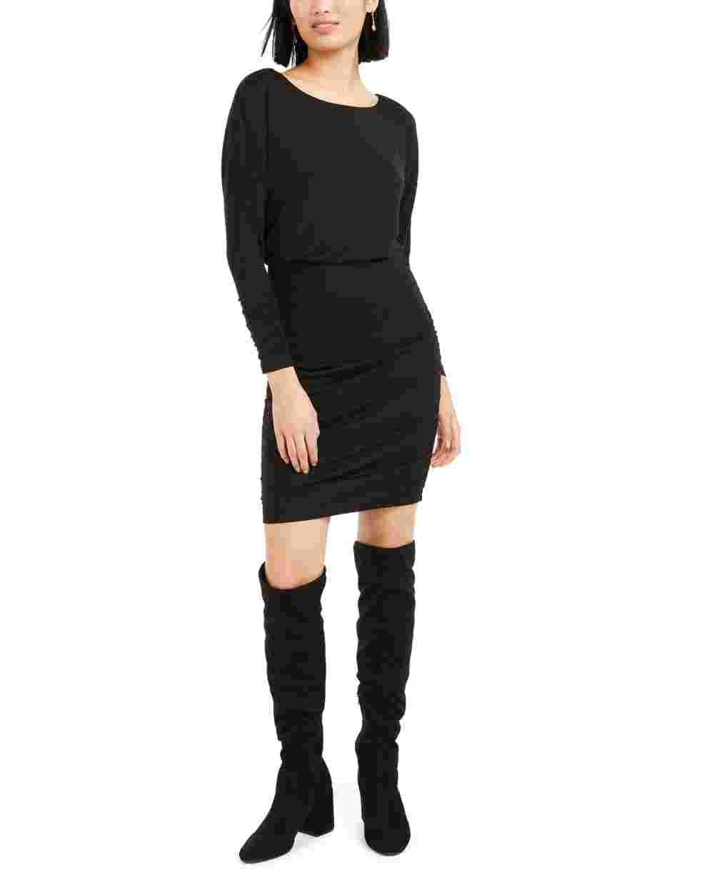 Vestido de festa curto com decote em joia e manga comprida Bar III feminino, preto, tamanho grande