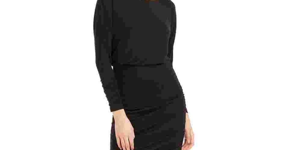 Vestido de festa curto com decote em joia e manga comprida Bar III feminino, preto, tamanho grande