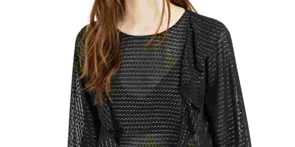 Blusa feminina Bar III estampada, manga comprida, gola alta, preta, tamanho grande