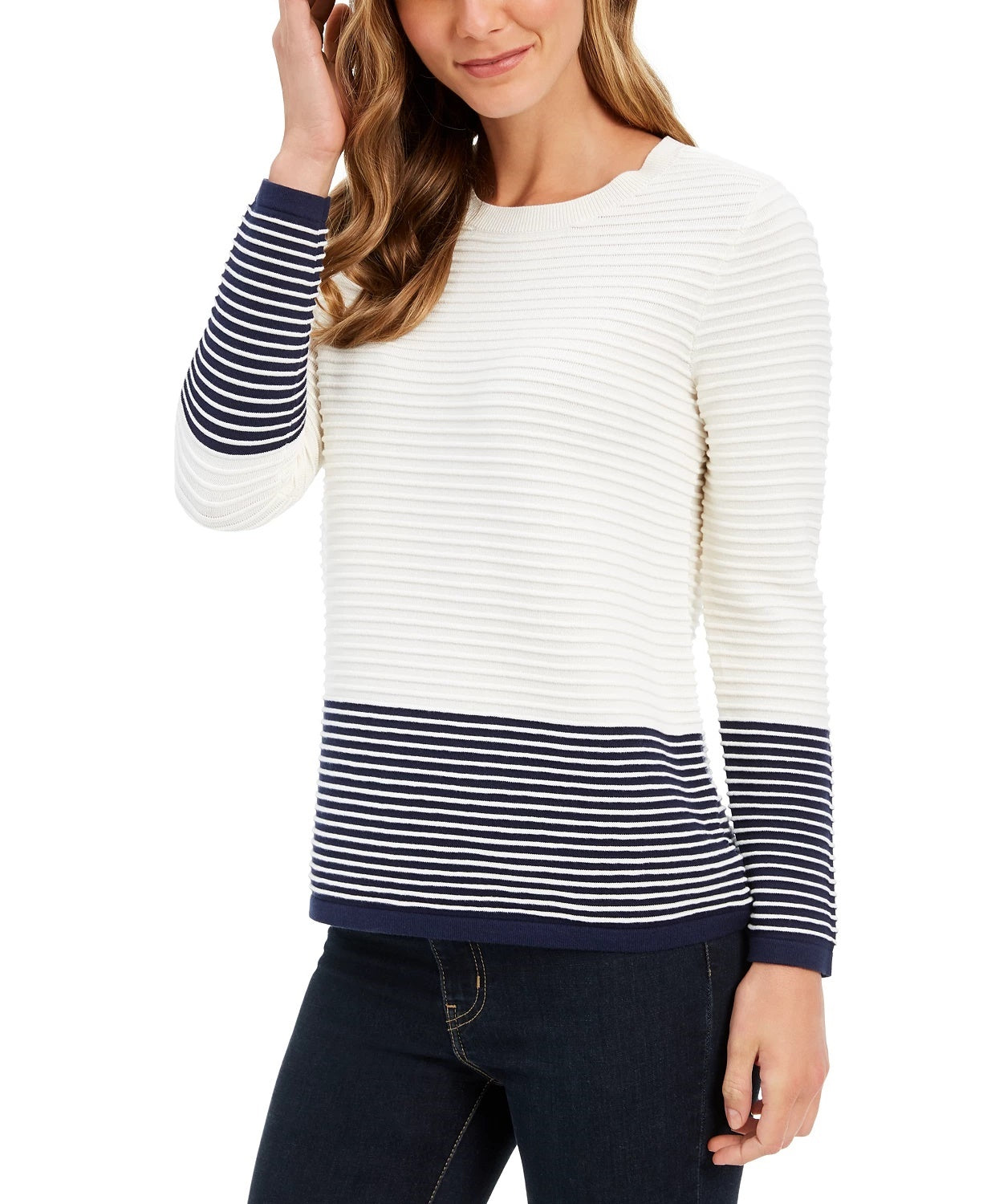 Suéter feminino listrado texturizado com manga comprida e gola redonda, tamanho grande, branco, Charter Club