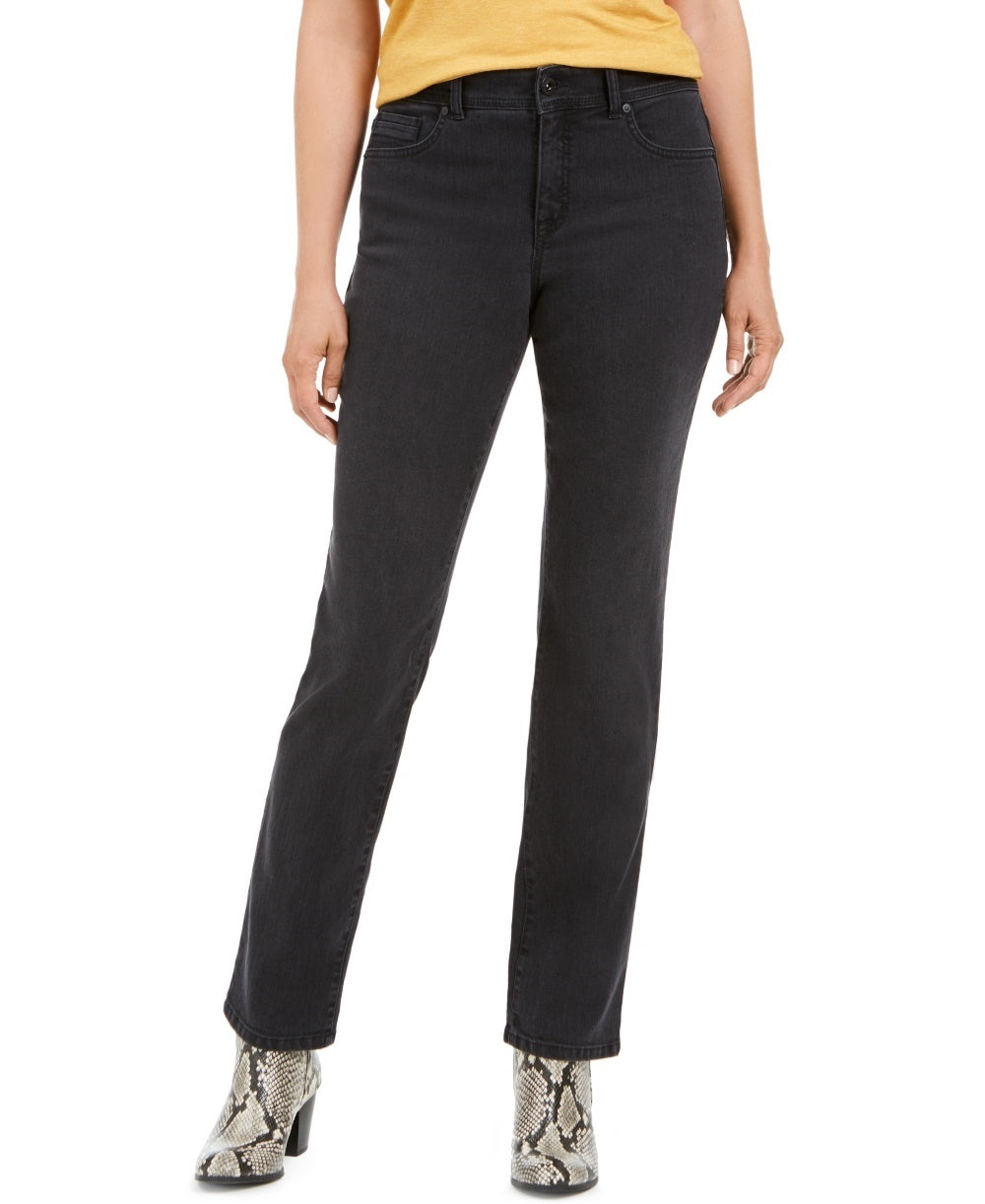 Calça jeans feminina estilo curvilíneo com perna reta, preta, tamanho 6