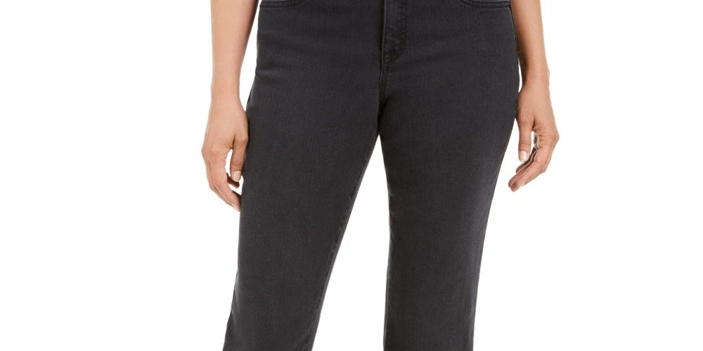 Calça jeans feminina estilo curvilíneo com perna reta, preta, tamanho 6