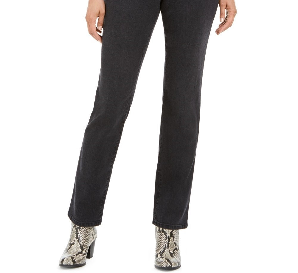 Calça jeans feminina estilo curvilíneo com perna reta, preta, tamanho 6