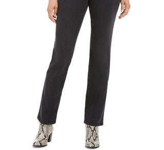 Calça jeans feminina estilo curvilíneo com perna reta, preta, tamanho 6