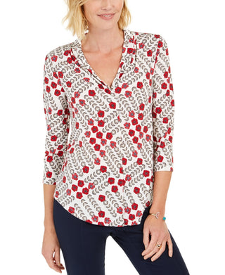 Charter Club Women's Printed V-Neck Top White Size Medium