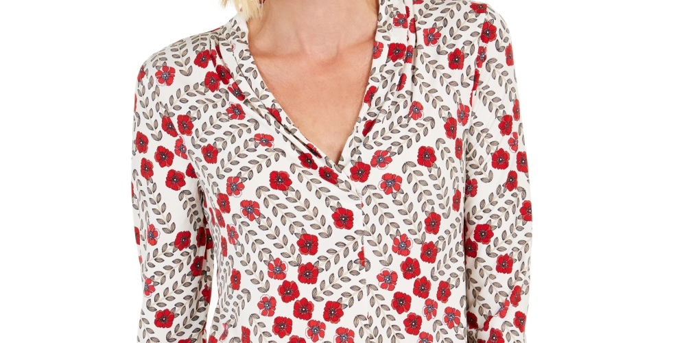 Top feminino estampado com decote em V, tamanho médio, branco, Charter Club